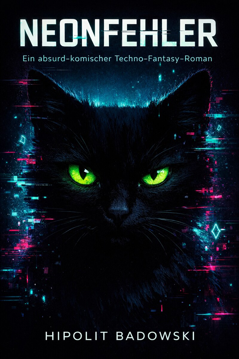 Cover of NEONFEHLER by Hipolit Badowski: a neon-glitch black cat with green eyes