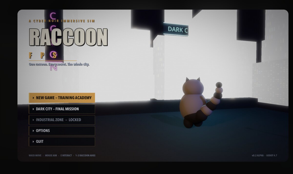 RACCOON FPS v0.2 alpha main menu: a rendered raccoon on a rooftop in a neon-lit cyber-noir city