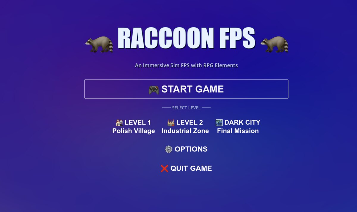 The earlier RACCOON FPS menu, a flat screen with emoji level icons